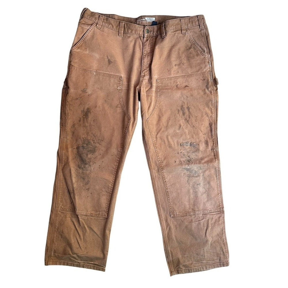 Carhartt Double Knee Distressed Work Pants Mens 44 X 30 Tan Stains 103334 211